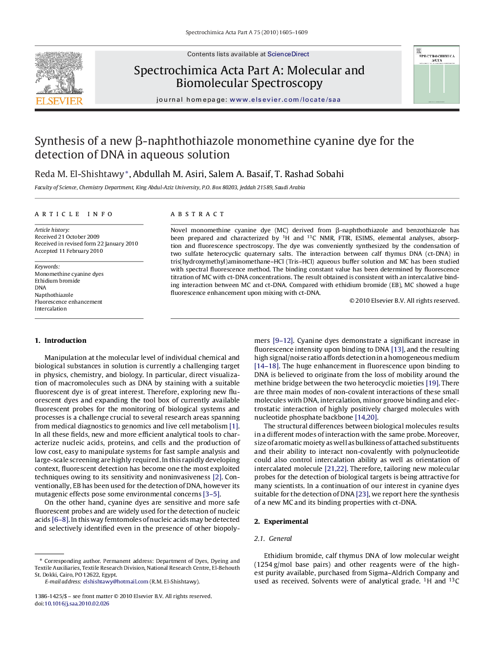 Synthesis of a new Î²-naphthothiazole monomethine cyanine dye for the detection of DNA in aqueous solution