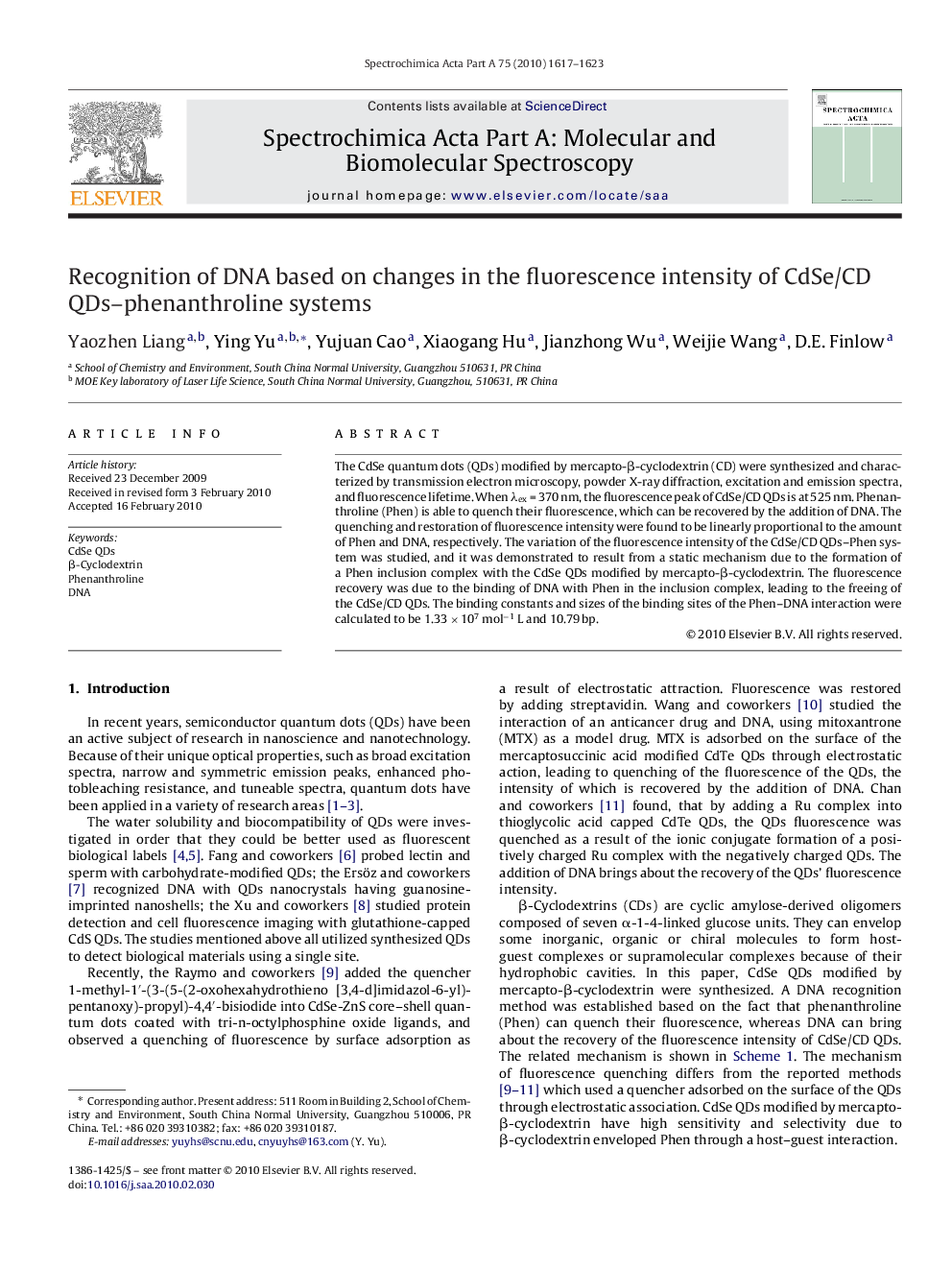 Recognition of DNA based on changes in the fluorescence intensity of CdSe/CD QDs–phenanthroline systems