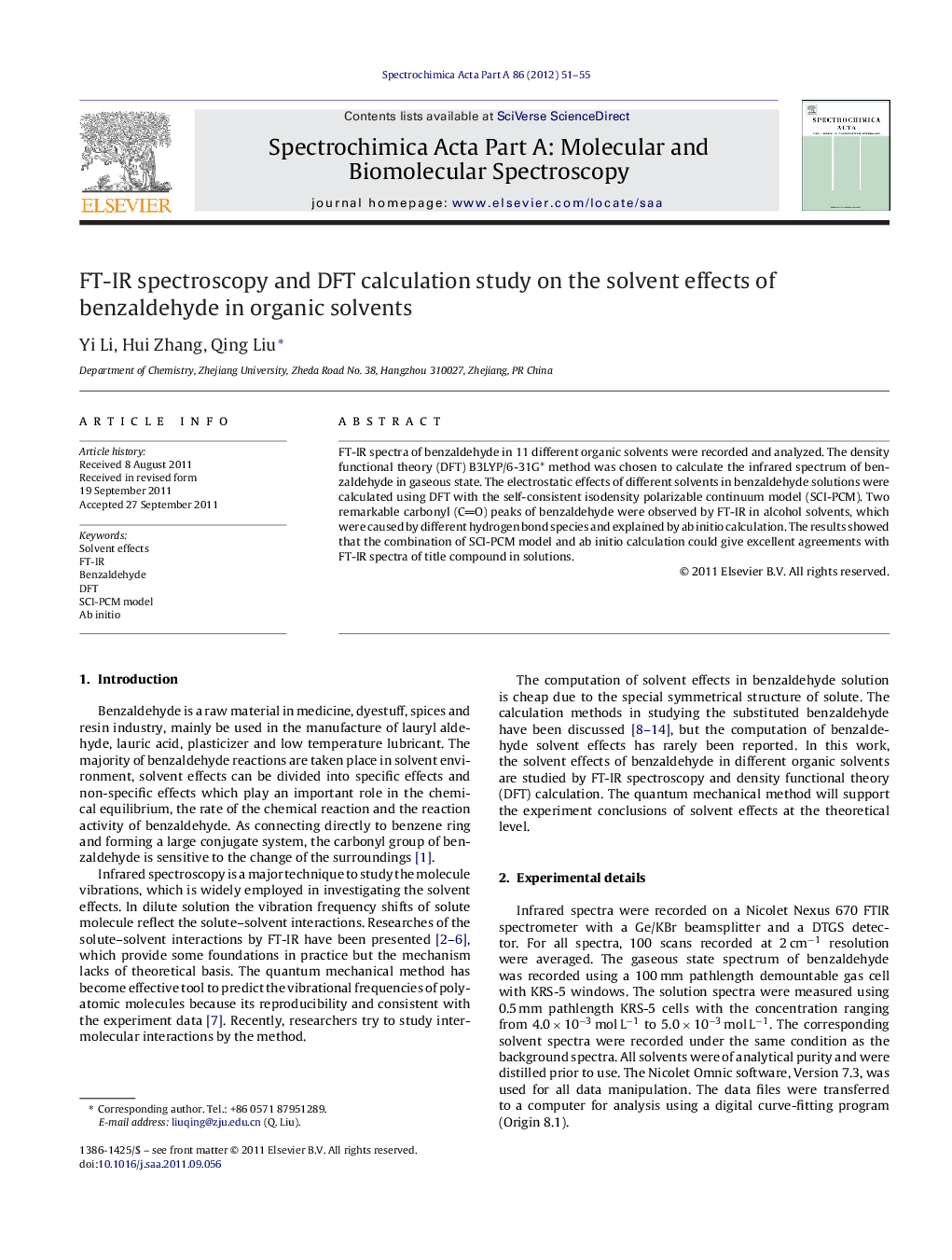 FT-IR spectroscopy and DFT calculation study on the solvent effects of benzaldehyde in organic solvents