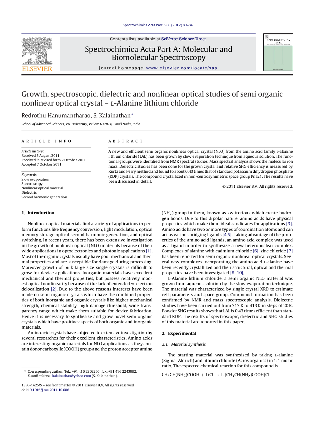 Growth, spectroscopic, dielectric and nonlinear optical studies of semi organic nonlinear optical crystal – l-Alanine lithium chloride