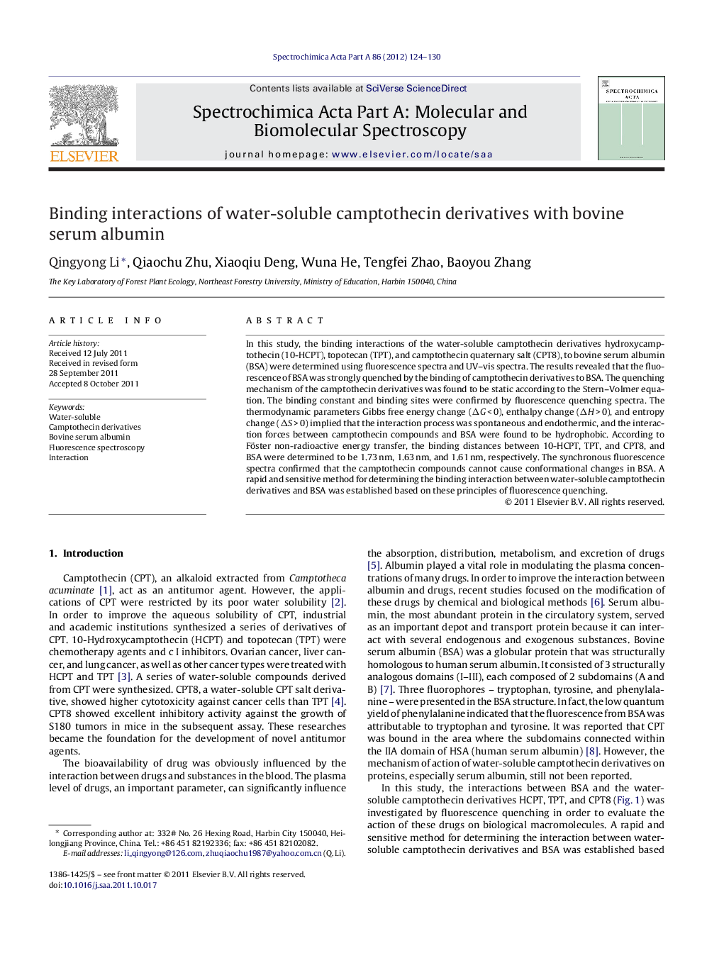 Binding interactions of water-soluble camptothecin derivatives with bovine serum albumin