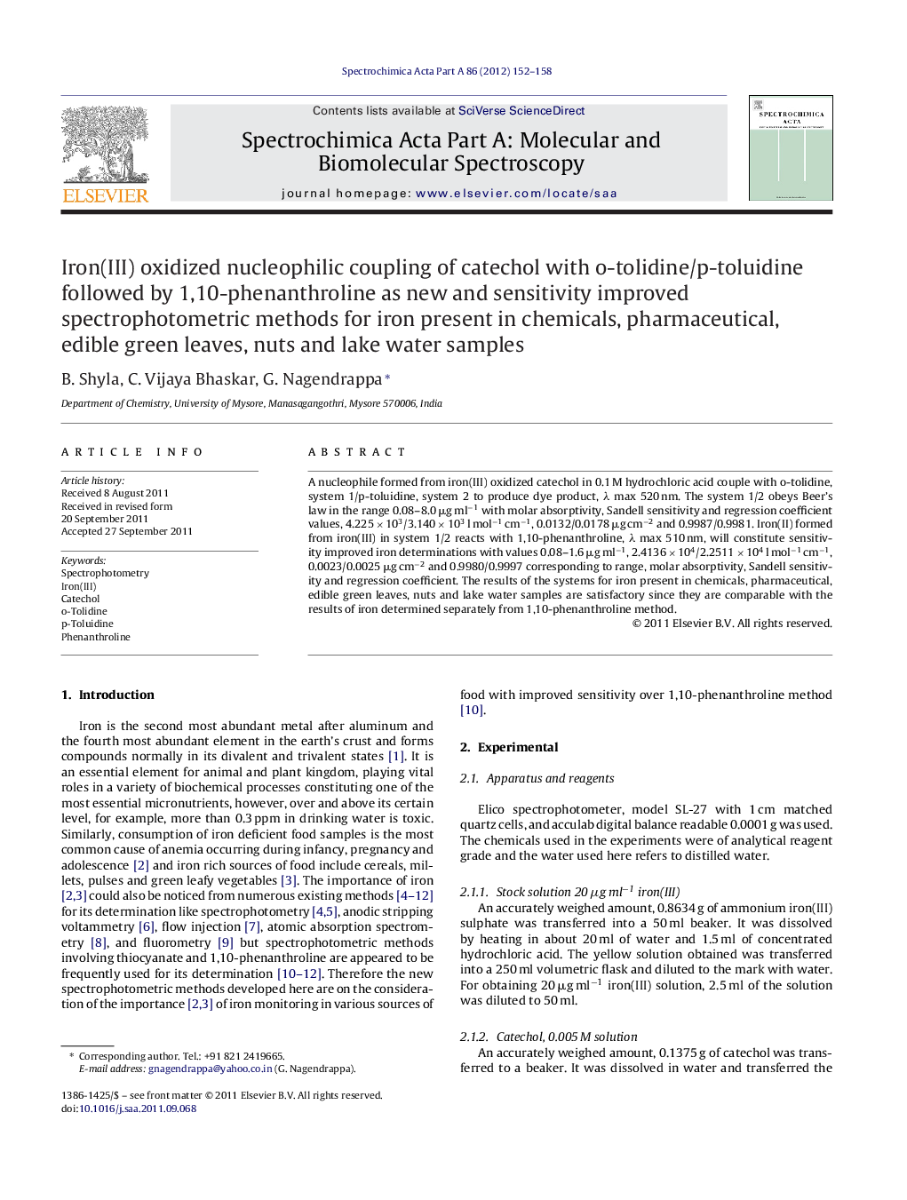 Iron(III) oxidized nucleophilic coupling of catechol with o-tolidine/p-toluidine followed by 1,10-phenanthroline as new and sensitivity improved spectrophotometric methods for iron present in chemicals, pharmaceutical, edible green leaves, nuts and lake w