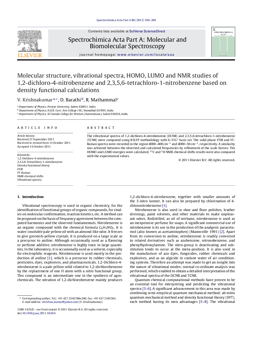 Molecular structure, vibrational spectra, HOMO, LUMO and NMR studies of 1,2-dichloro-4-nitrobenzene and 2,3,5,6-tetrachloro-1-nitrobenzene based on density functional calculations