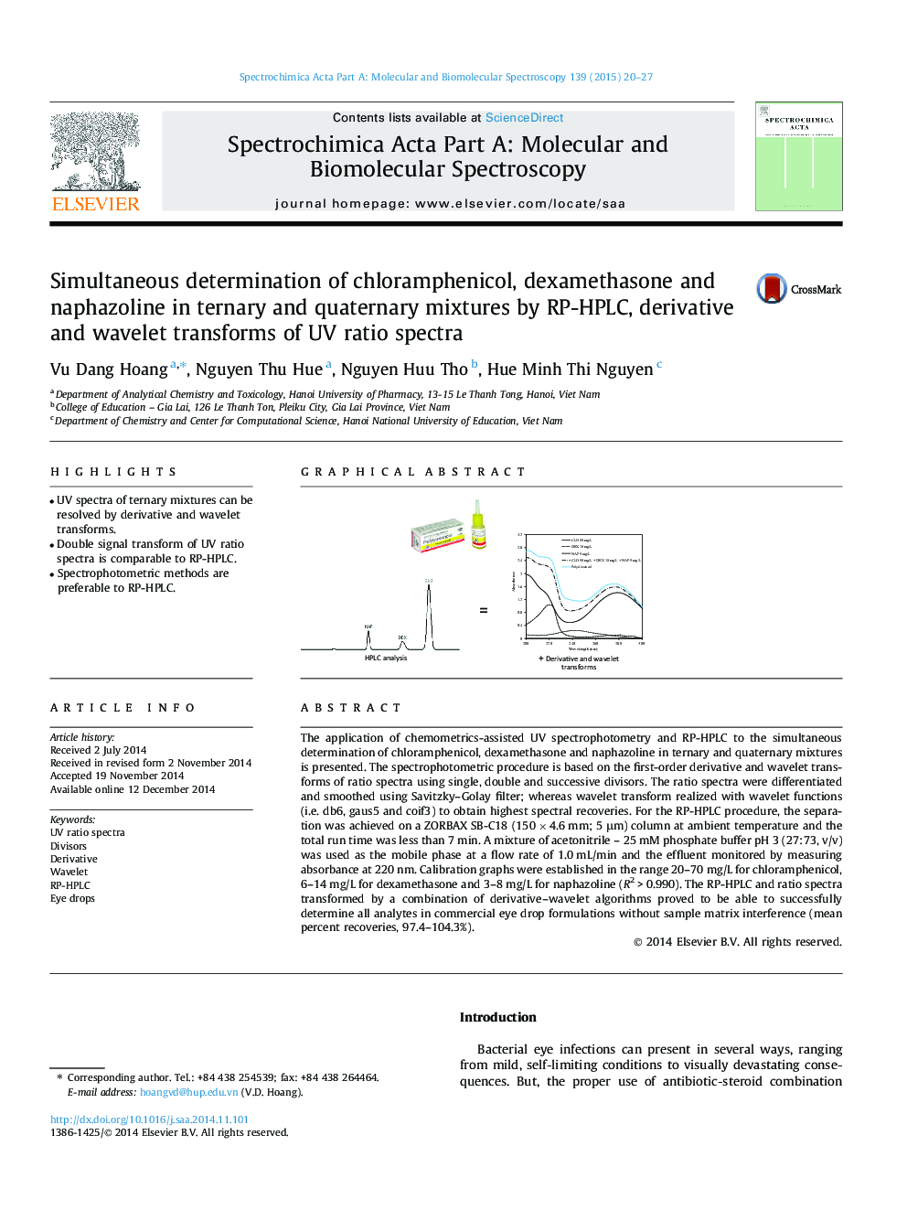 Simultaneous determination of chloramphenicol, dexamethasone and naphazoline in ternary and quaternary mixtures by RP-HPLC, derivative and wavelet transforms of UV ratio spectra