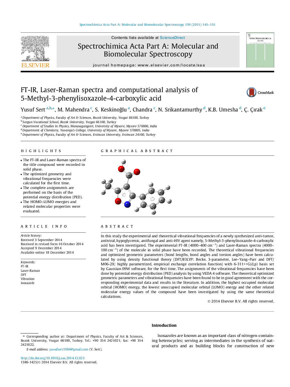 FT-IR, Laser-Raman spectra and computational analysis of 5-Methyl-3-phenylisoxazole-4-carboxylic acid