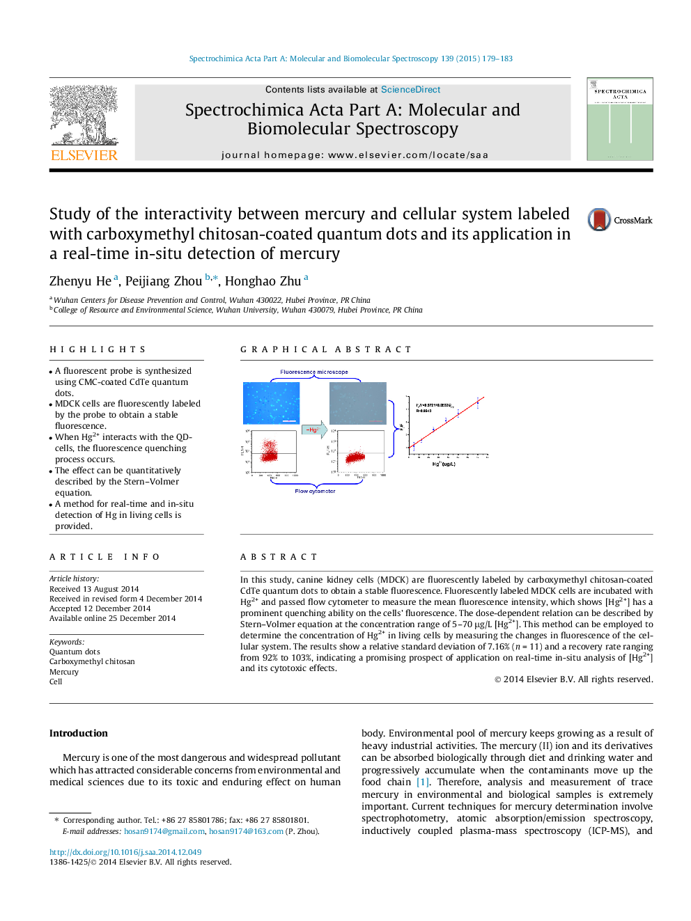 Study of the interactivity between mercury and cellular system labeled with carboxymethyl chitosan-coated quantum dots and its application in a real-time in-situ detection of mercury