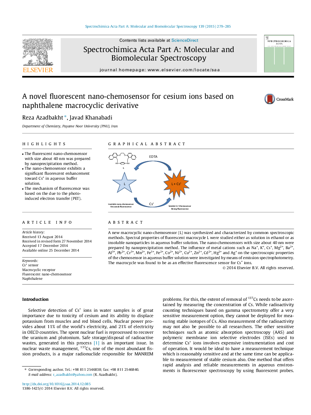 A novel fluorescent nano-chemosensor for cesium ions based on naphthalene macrocyclic derivative