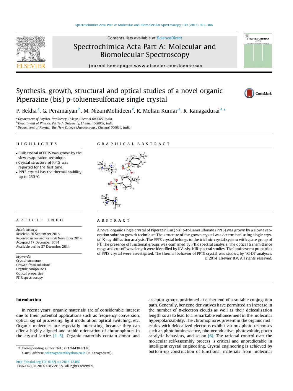 Synthesis, growth, structural and optical studies of a novel organic Piperazine (bis) p-toluenesulfonate single crystal