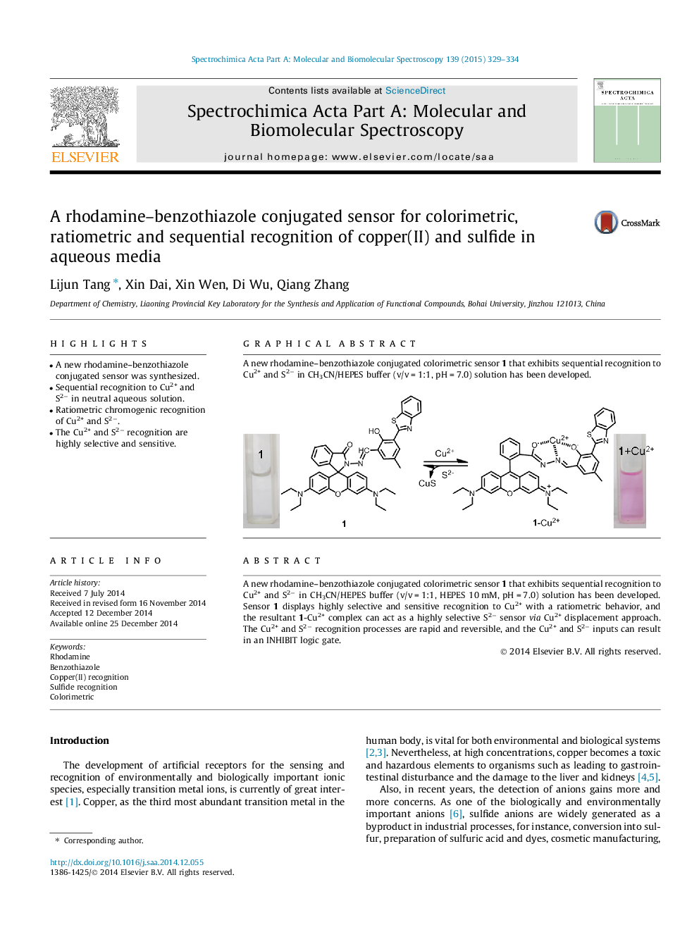 A rhodamine–benzothiazole conjugated sensor for colorimetric, ratiometric and sequential recognition of copper(II) and sulfide in aqueous media