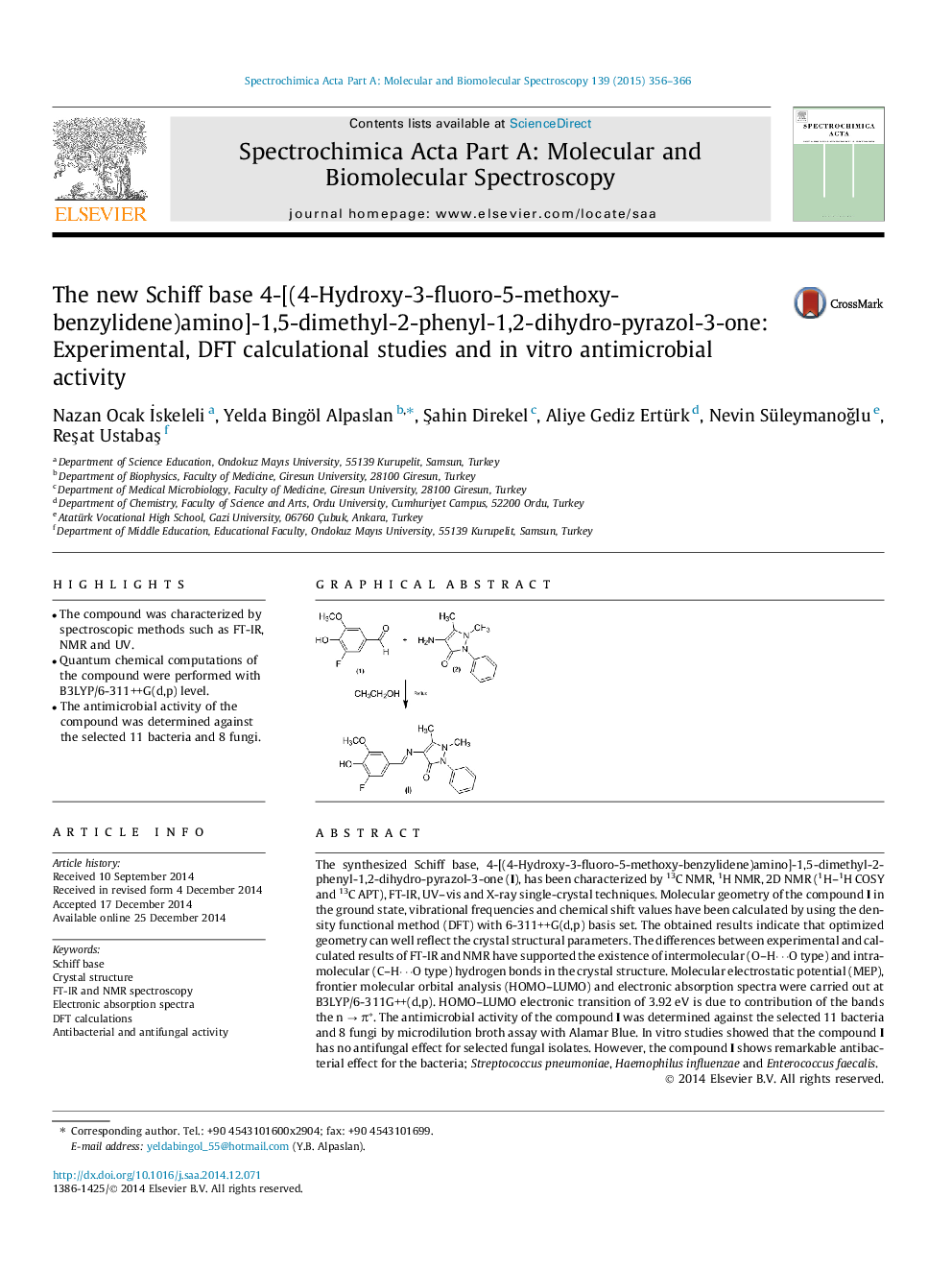 The new Schiff base 4-[(4-Hydroxy-3-fluoro-5-methoxy-benzylidene)amino]-1,5-dimethyl-2-phenyl-1,2-dihydro-pyrazol-3-one: Experimental, DFT calculational studies and in vitro antimicrobial activity