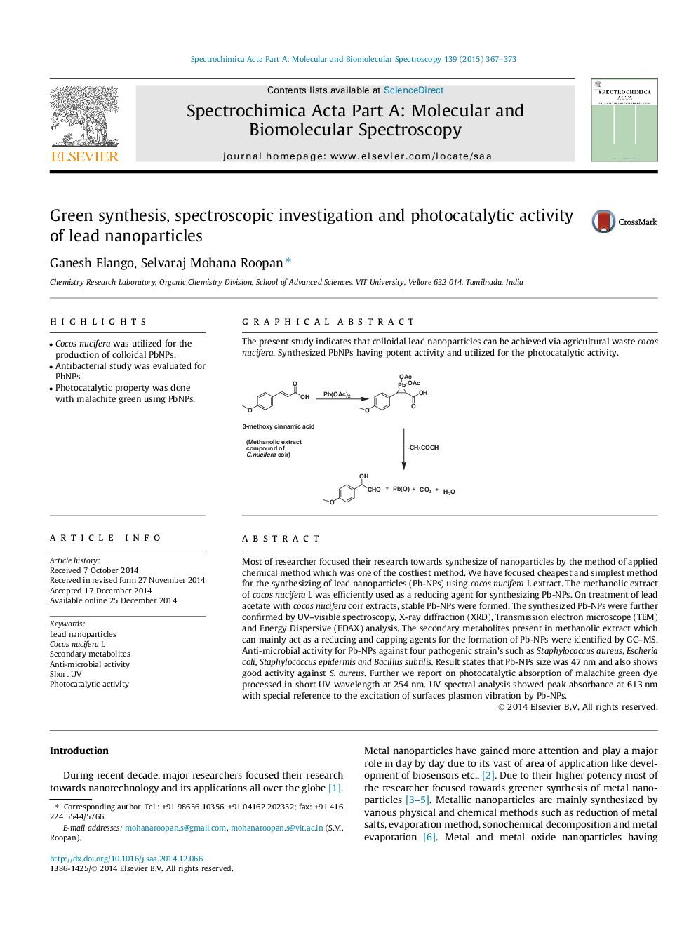 Green synthesis, spectroscopic investigation and photocatalytic activity of lead nanoparticles