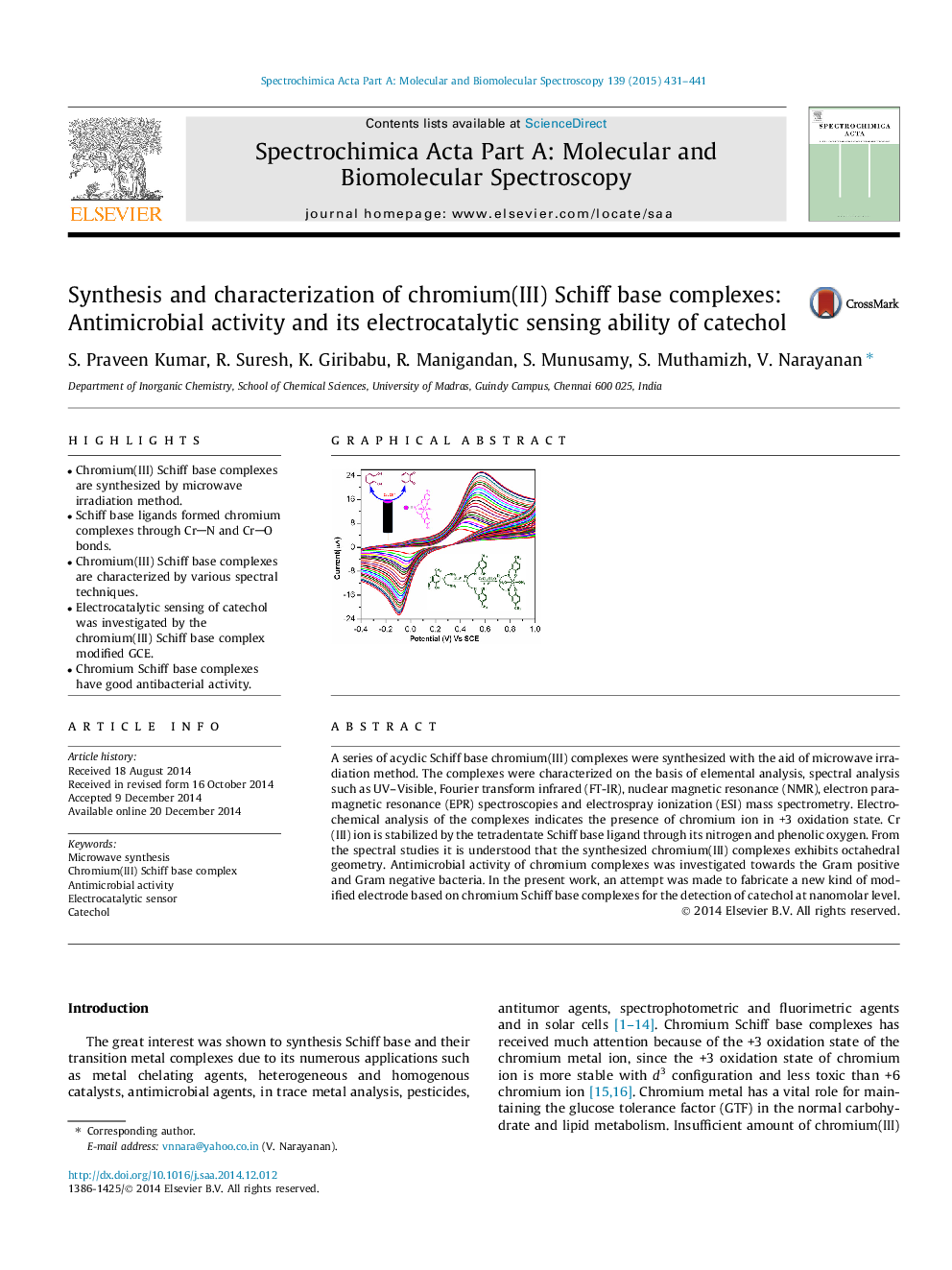 Synthesis and characterization of chromium(III) Schiff base complexes: Antimicrobial activity and its electrocatalytic sensing ability of catechol