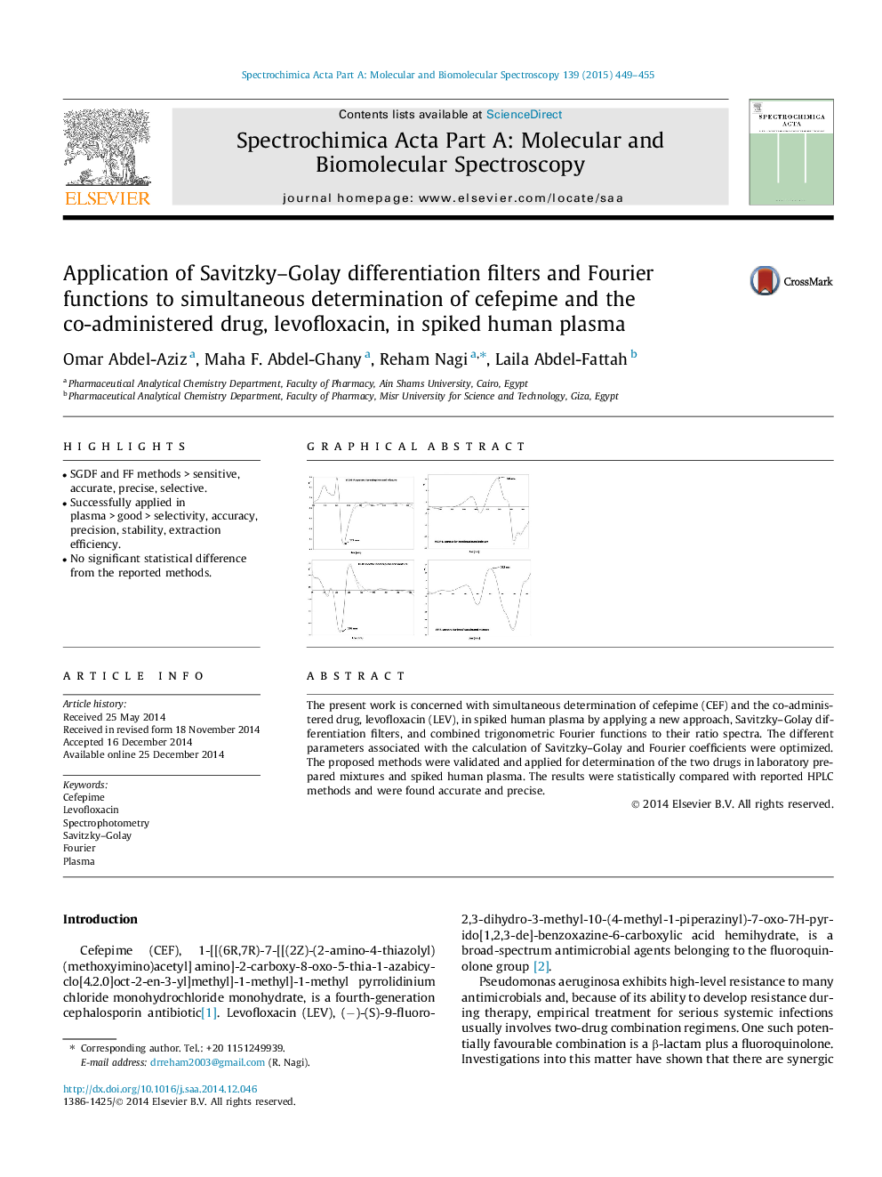 Application of Savitzky–Golay differentiation filters and Fourier functions to simultaneous determination of cefepime and the co-administered drug, levofloxacin, in spiked human plasma