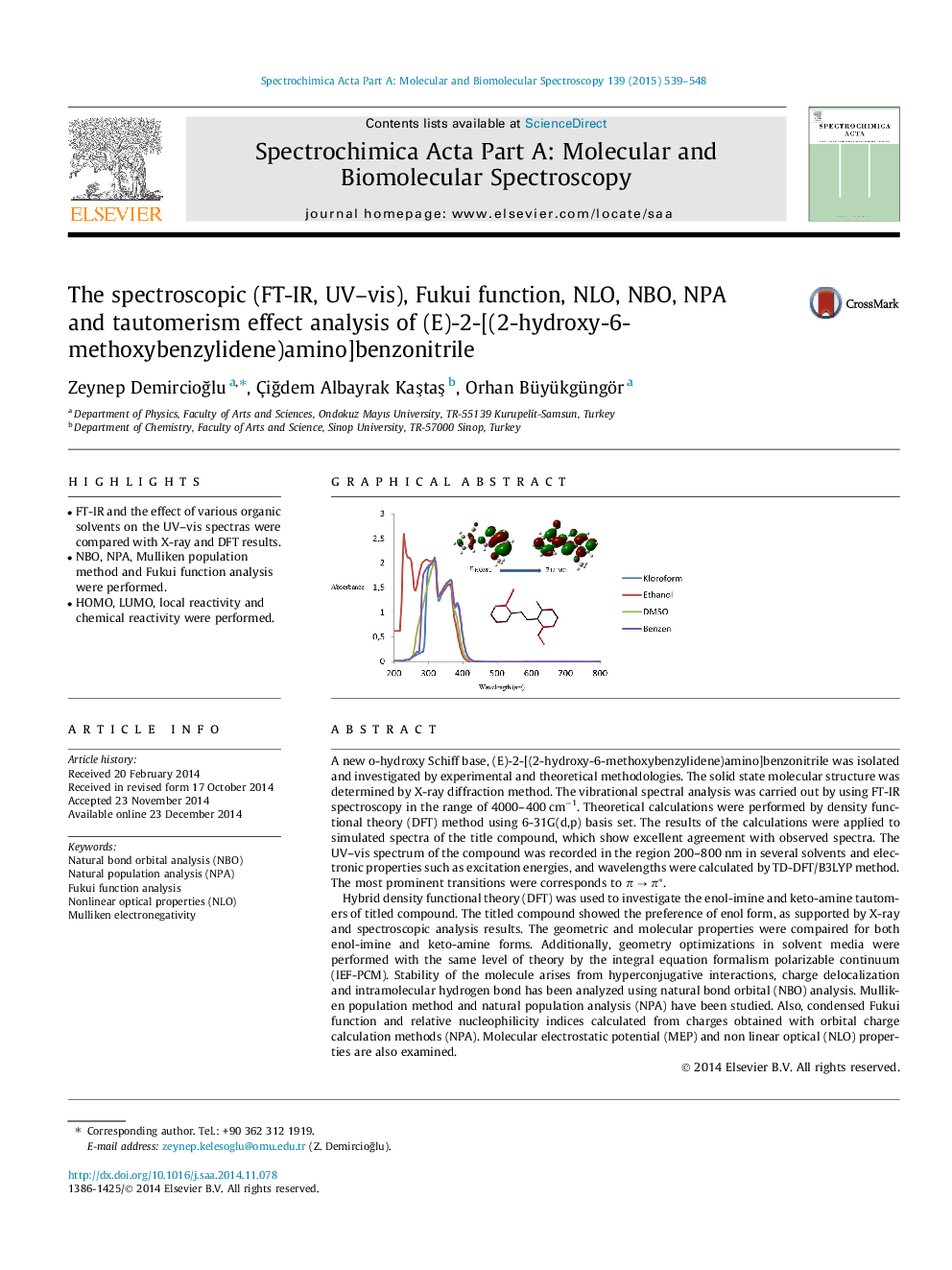 The spectroscopic (FT-IR, UV–vis), Fukui function, NLO, NBO, NPA and tautomerism effect analysis of (E)-2-[(2-hydroxy-6-methoxybenzylidene)amino]benzonitrile