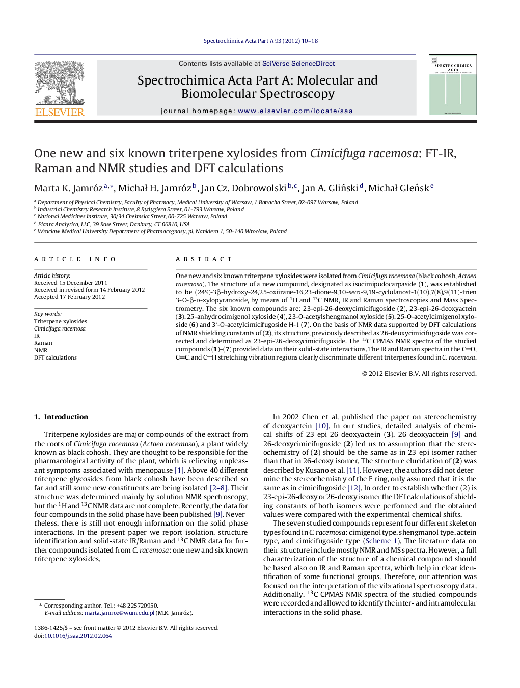 One new and six known triterpene xylosides from Cimicifuga racemosa: FT-IR, Raman and NMR studies and DFT calculations