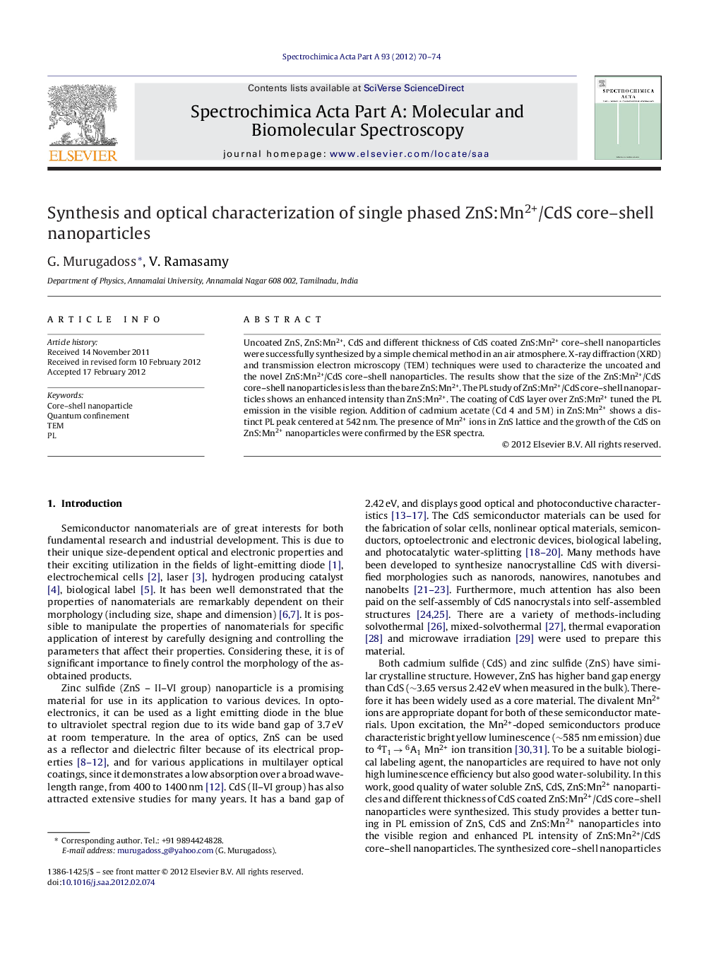 Synthesis and optical characterization of single phased ZnS:Mn2+/CdS core–shell nanoparticles