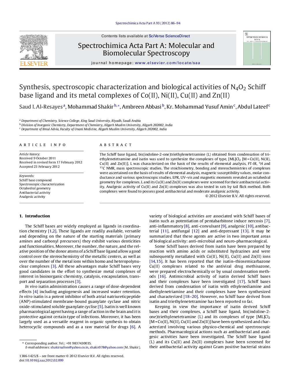 Synthesis, spectroscopic characterization and biological activities of N4O2 Schiff base ligand and its metal complexes of Co(II), Ni(II), Cu(II) and Zn(II)