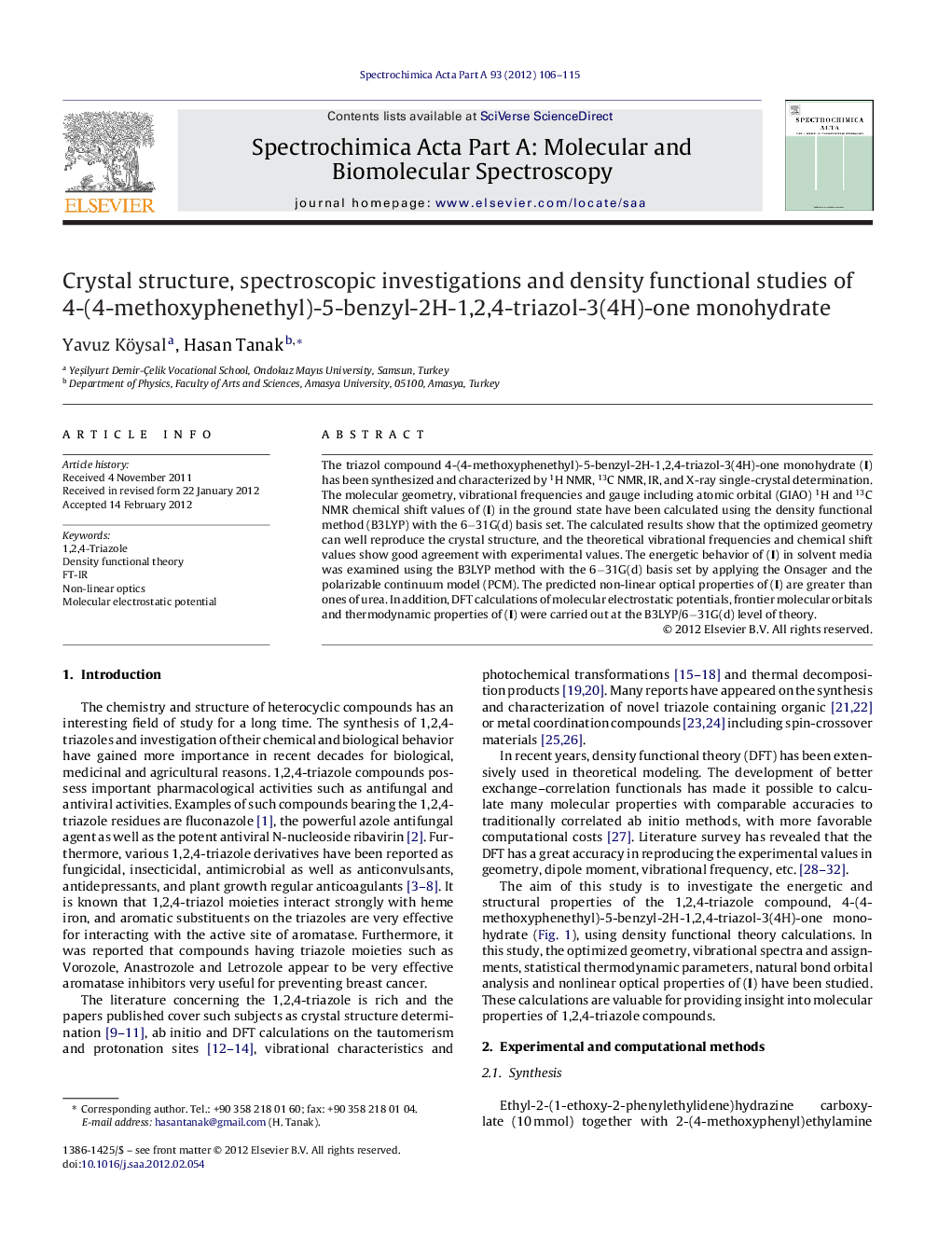 Crystal structure, spectroscopic investigations and density functional studies of 4-(4-methoxyphenethyl)-5-benzyl-2H-1,2,4-triazol-3(4H)-one monohydrate