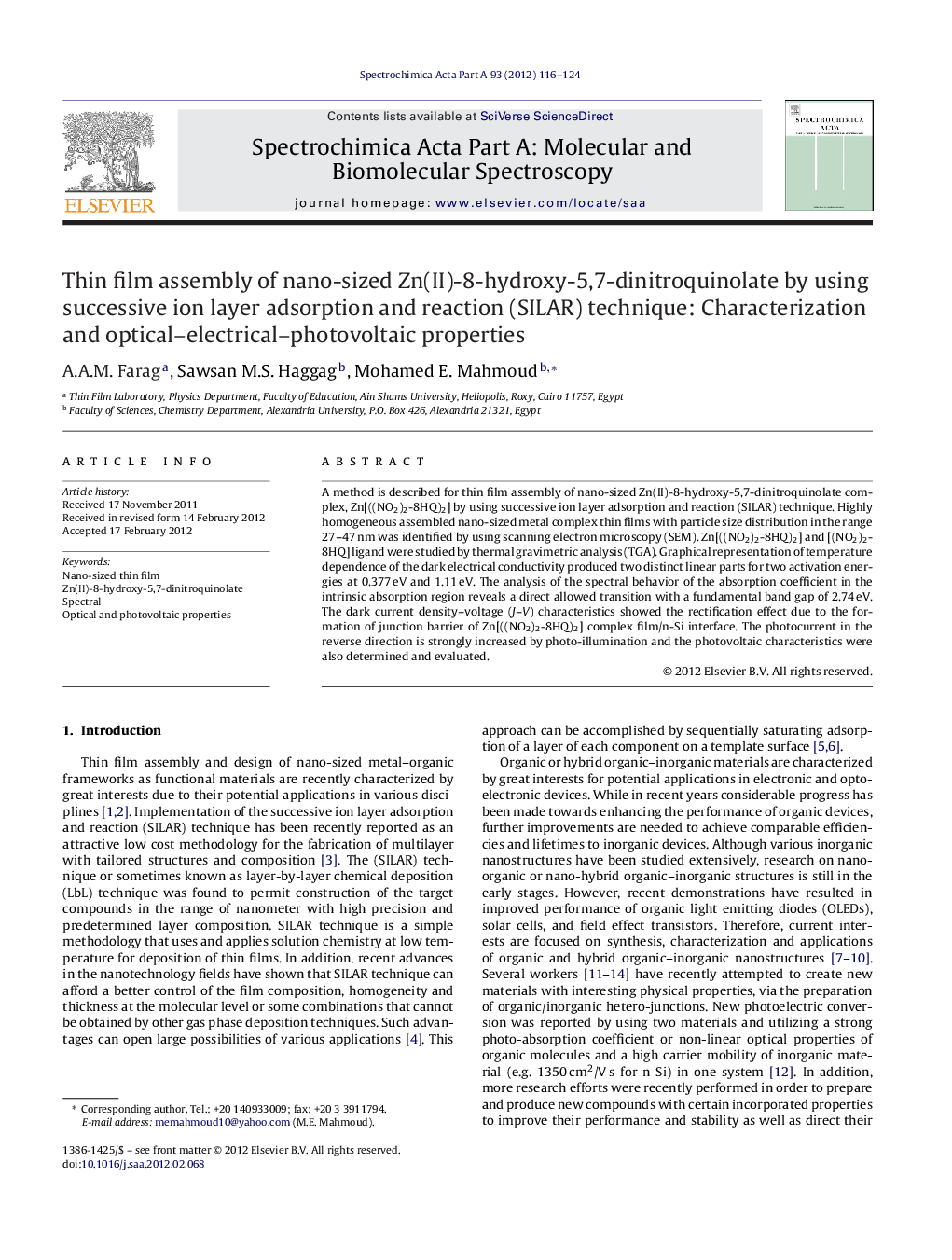 Thin film assembly of nano-sized Zn(II)-8-hydroxy-5,7-dinitroquinolate by using successive ion layer adsorption and reaction (SILAR) technique: Characterization and optical–electrical–photovoltaic properties