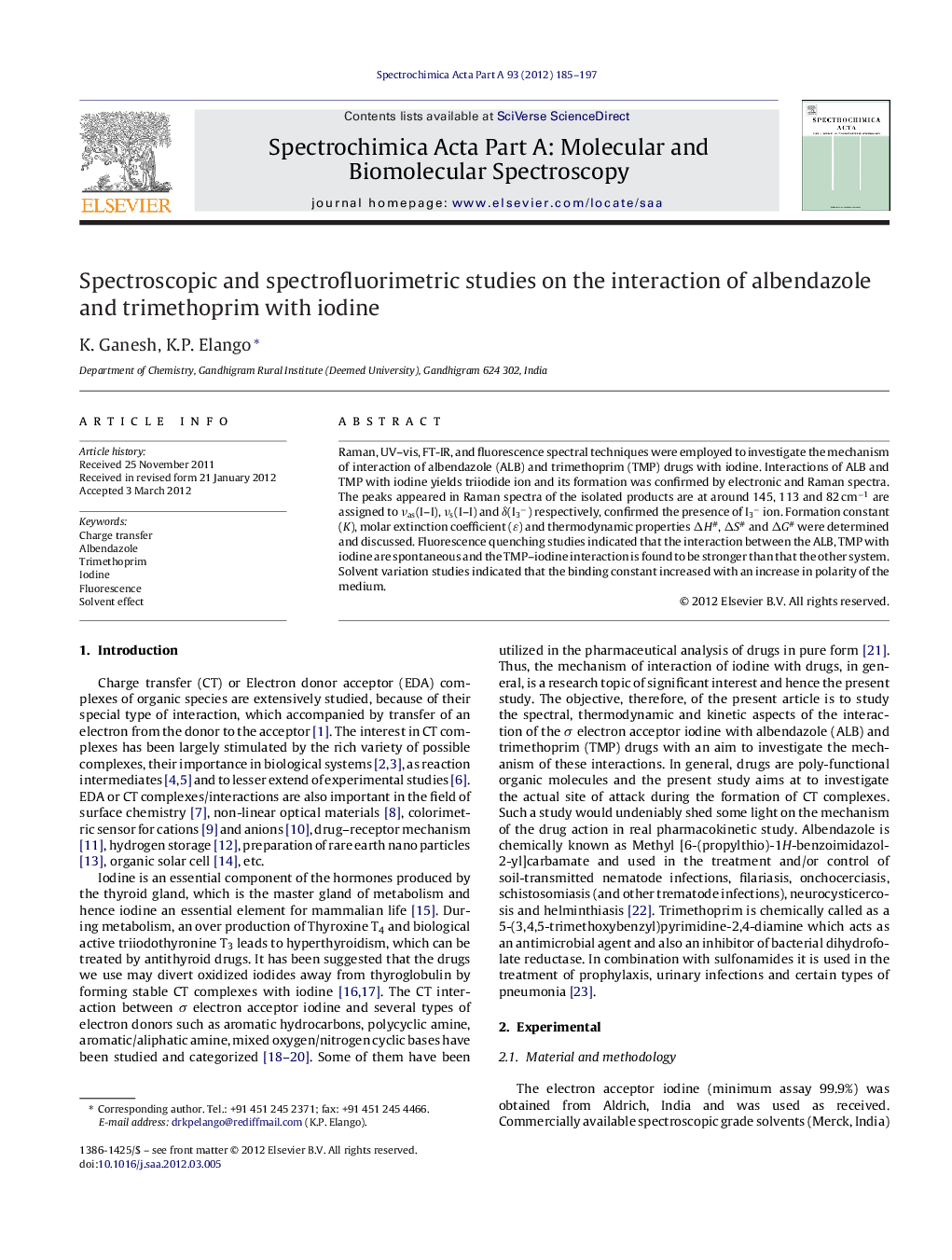 Spectroscopic and spectrofluorimetric studies on the interaction of albendazole and trimethoprim with iodine