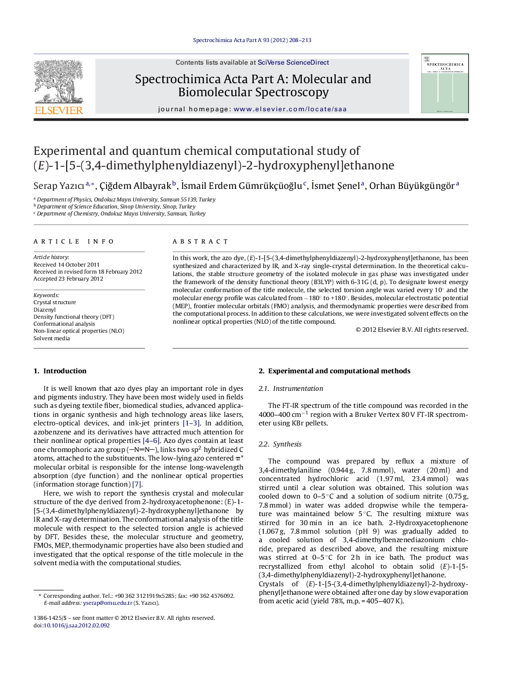 Experimental and quantum chemical computational study of (E)-1-[5-(3,4-dimethylphenyldiazenyl)-2-hydroxyphenyl]ethanone