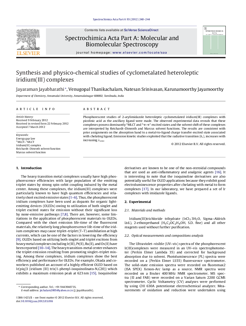 Synthesis and physico-chemical studies of cyclometalated heteroleptic iridium(III) complexes
