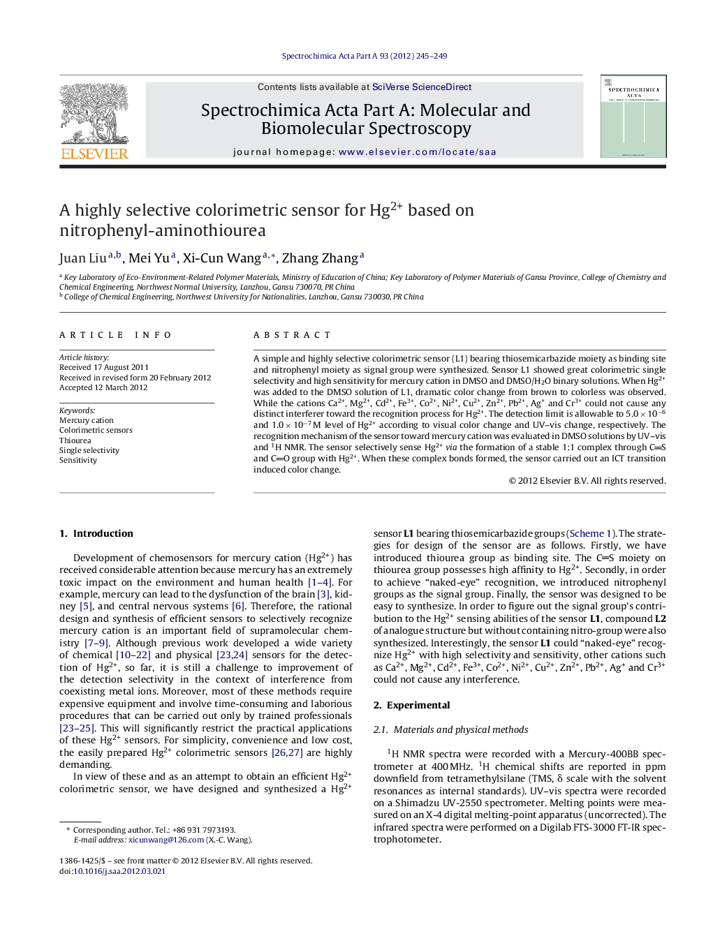 A highly selective colorimetric sensor for Hg2+ based on nitrophenyl-aminothiourea