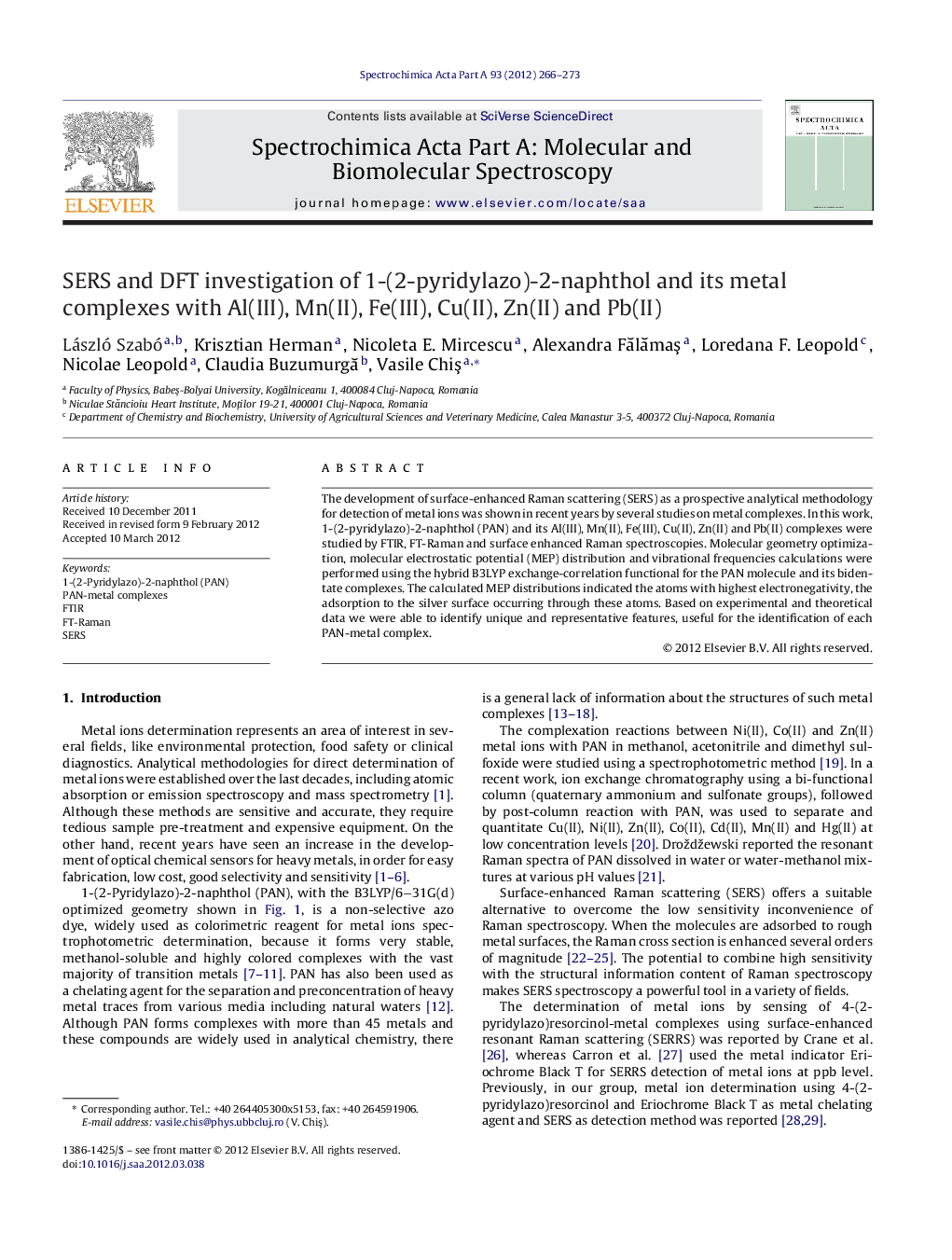 SERS and DFT investigation of 1-(2-pyridylazo)-2-naphthol and its metal complexes with Al(III), Mn(II), Fe(III), Cu(II), Zn(II) and Pb(II)