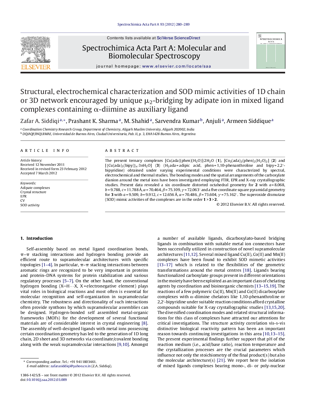 Structural, electrochemical characterization and SOD mimic activities of 1D chain or 3D network encouraged by unique μ2-bridging by adipate ion in mixed ligand complexes containing α-diimine as auxiliary ligand