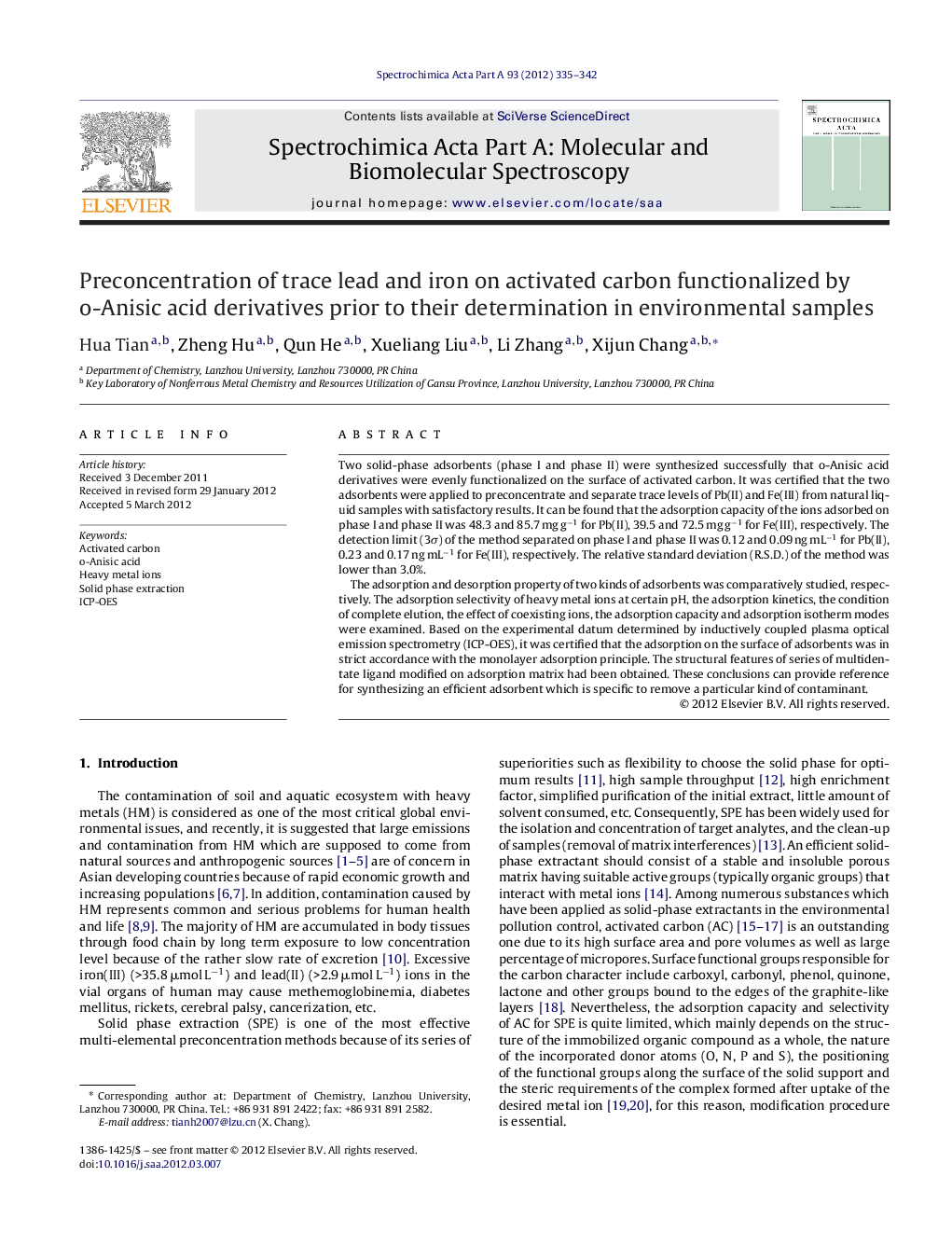 Preconcentration of trace lead and iron on activated carbon functionalized by o-Anisic acid derivatives prior to their determination in environmental samples