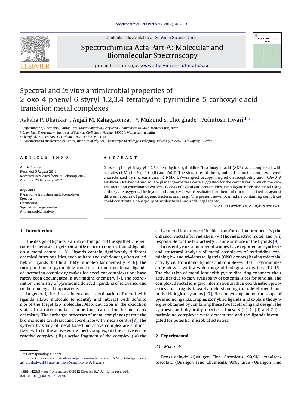 Spectral and in vitro antimicrobial properties of 2-oxo-4-phenyl-6-styryl-1,2,3,4-tetrahydro-pyrimidine-5-carboxylic acid transition metal complexes