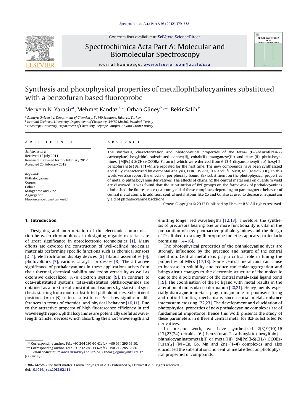 Synthesis and photophysical properties of metallophthalocyanines substituted with a benzofuran based fluoroprobe