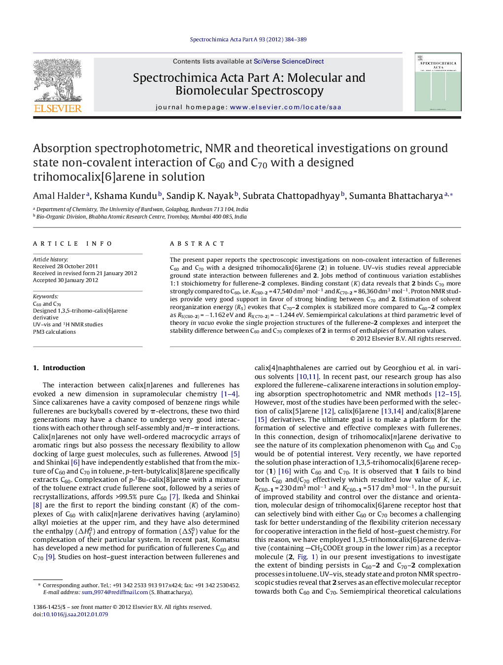 Absorption spectrophotometric, NMR and theoretical investigations on ground state non-covalent interaction of C60 and C70 with a designed trihomocalix[6]arene in solution