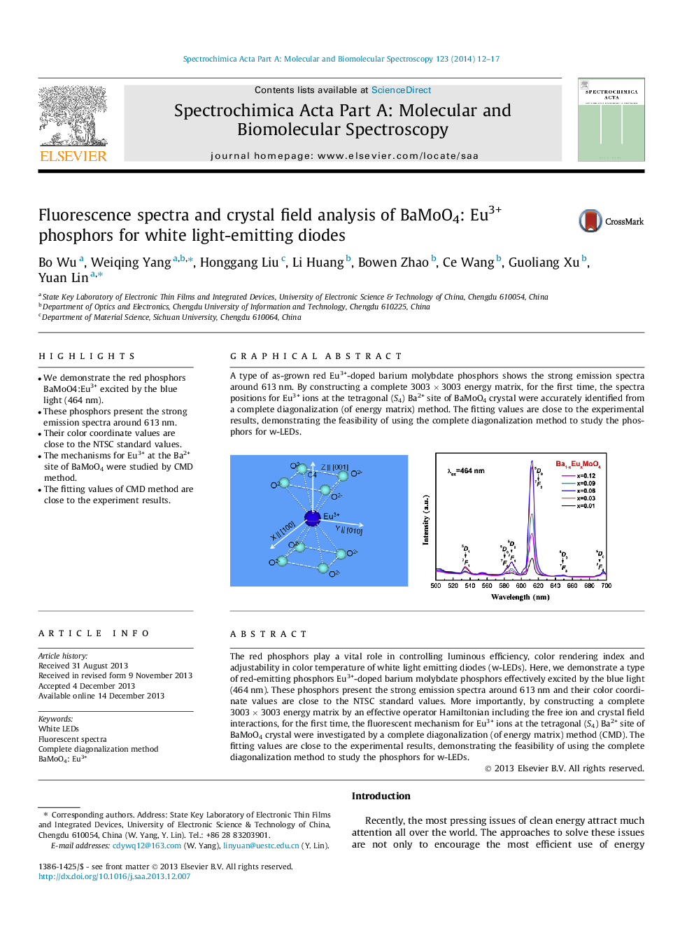 Fluorescence spectra and crystal field analysis of BaMoO4: Eu3+ phosphors for white light-emitting diodes