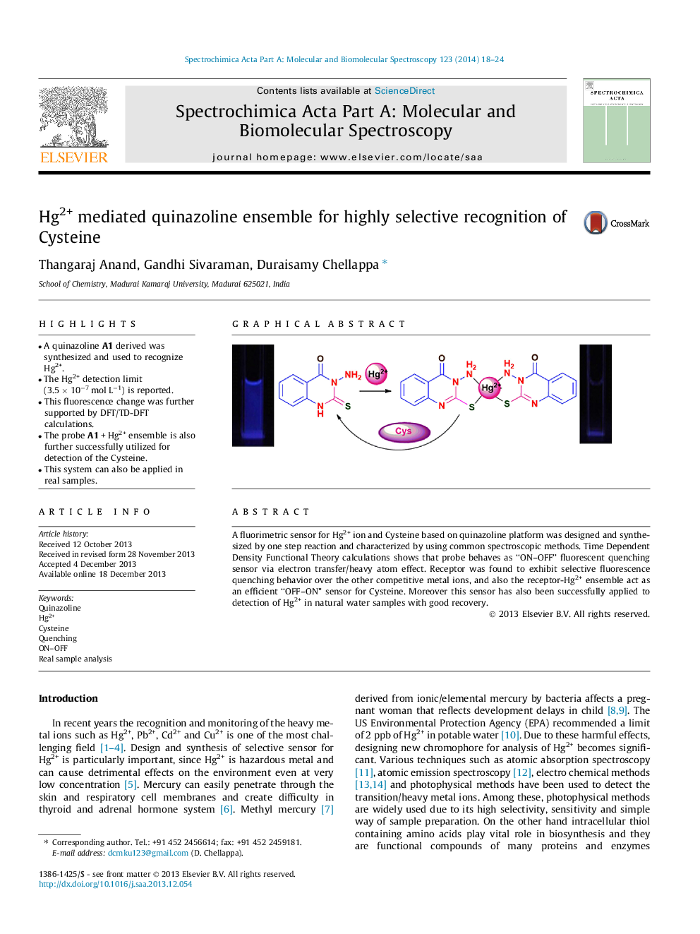 Hg2+ mediated quinazoline ensemble for highly selective recognition of Cysteine