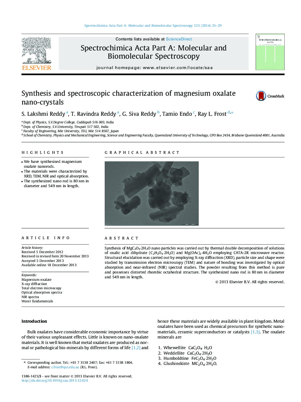 Synthesis and spectroscopic characterization of magnesium oxalate nano-crystals