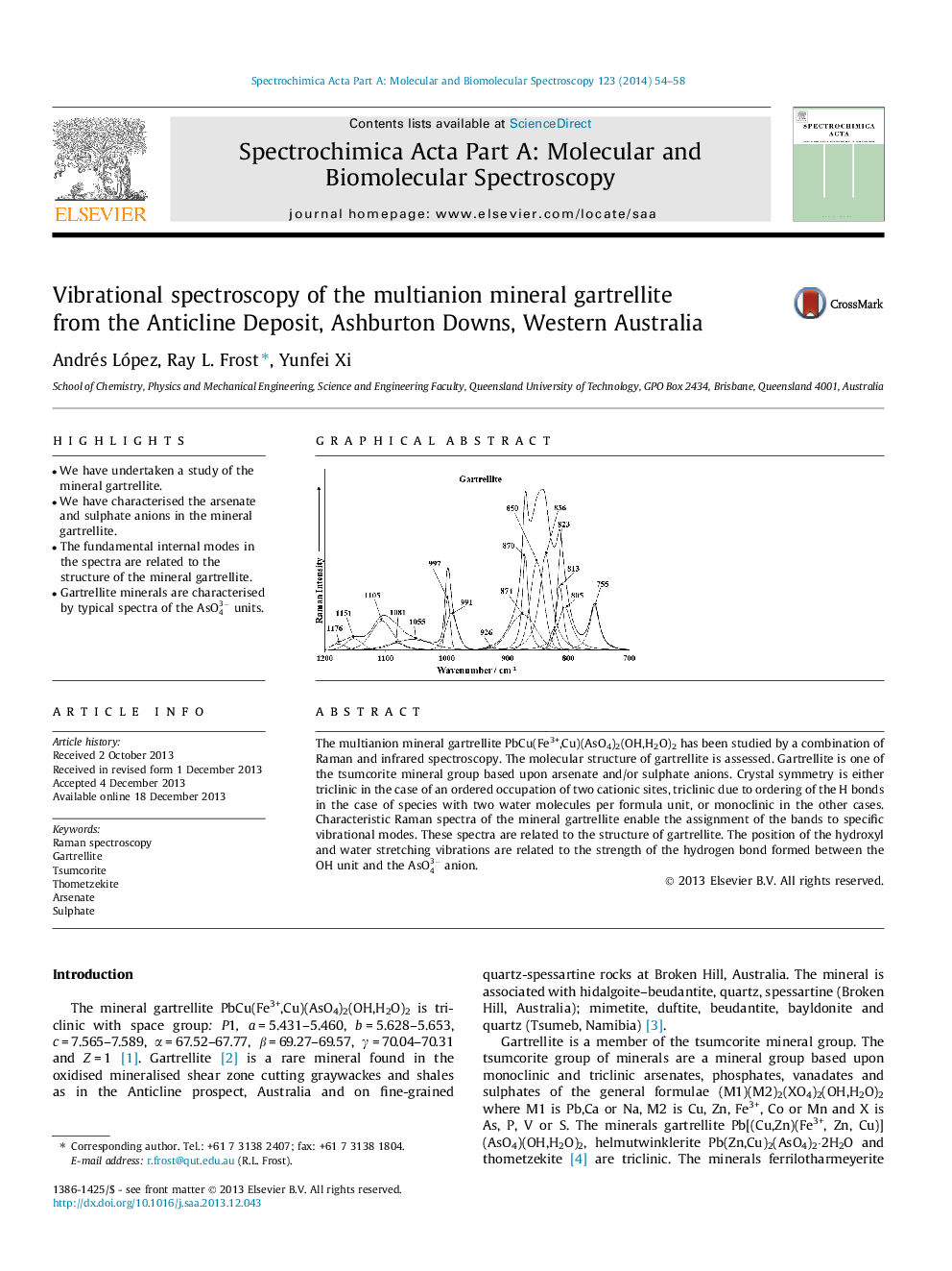 Vibrational spectroscopy of the multianion mineral gartrellite from the Anticline Deposit, Ashburton Downs, Western Australia