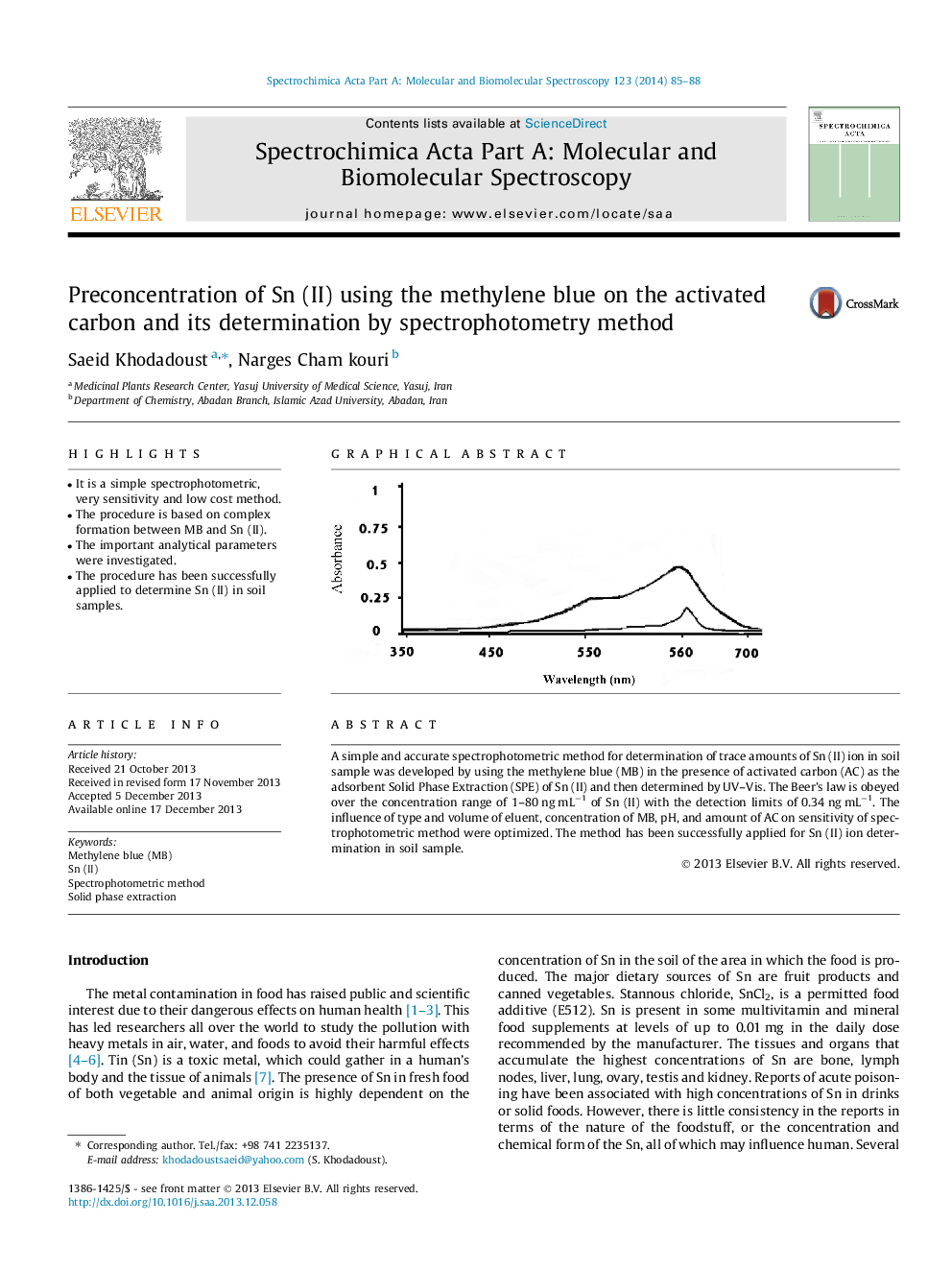 Preconcentration of Sn (II) using the methylene blue on the activated carbon and its determination by spectrophotometry method