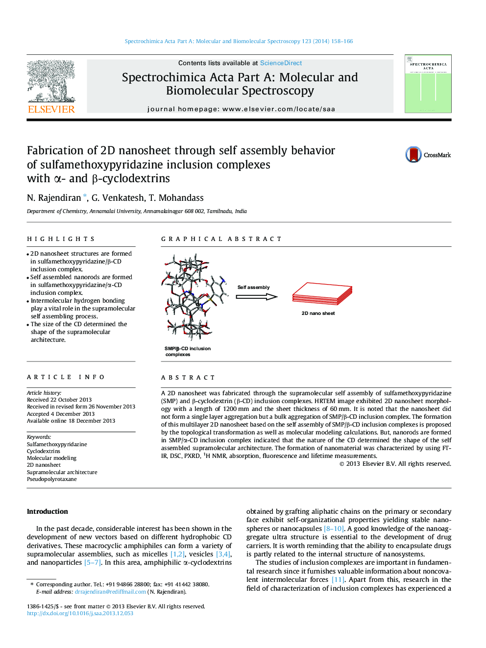 Fabrication of 2D nanosheet through self assembly behavior of sulfamethoxypyridazine inclusion complexes with α- and β-cyclodextrins