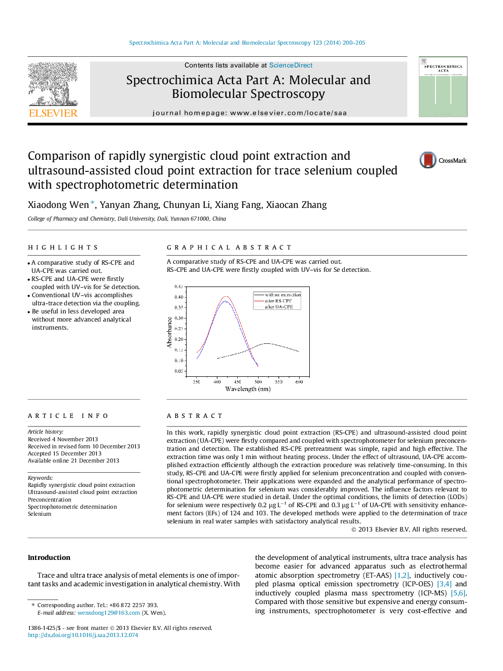 Comparison of rapidly synergistic cloud point extraction and ultrasound-assisted cloud point extraction for trace selenium coupled with spectrophotometric determination