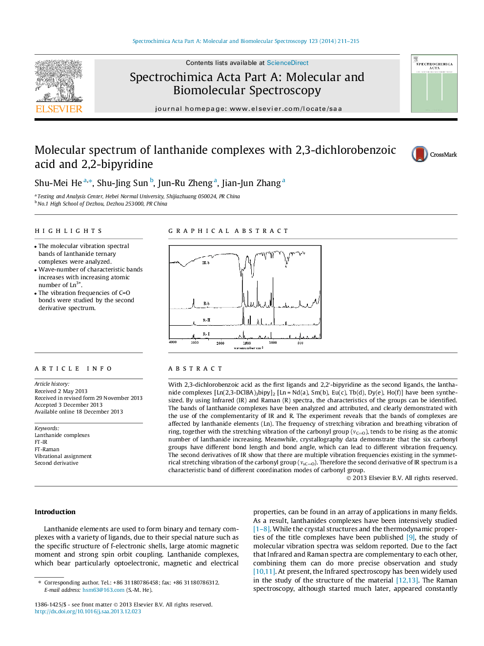 Molecular spectrum of lanthanide complexes with 2,3-dichlorobenzoic acid and 2,2-bipyridine