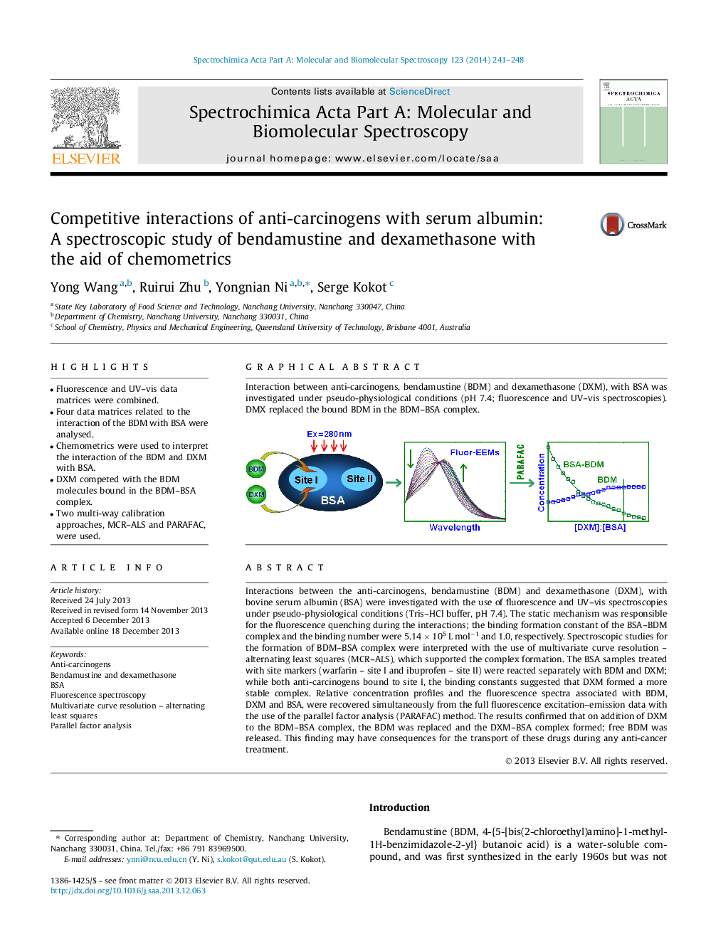 Competitive interactions of anti-carcinogens with serum albumin: A spectroscopic study of bendamustine and dexamethasone with the aid of chemometrics