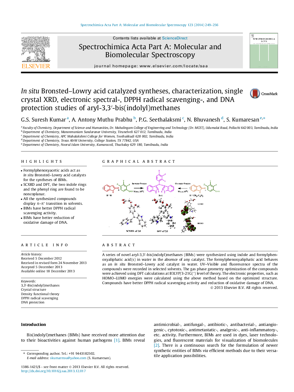 In situ Bronsted–Lowry acid catalyzed syntheses, characterization, single crystal XRD, electronic spectral-, DPPH radical scavenging-, and DNA protection studies of aryl-3,3′-bis(indolyl)methanes