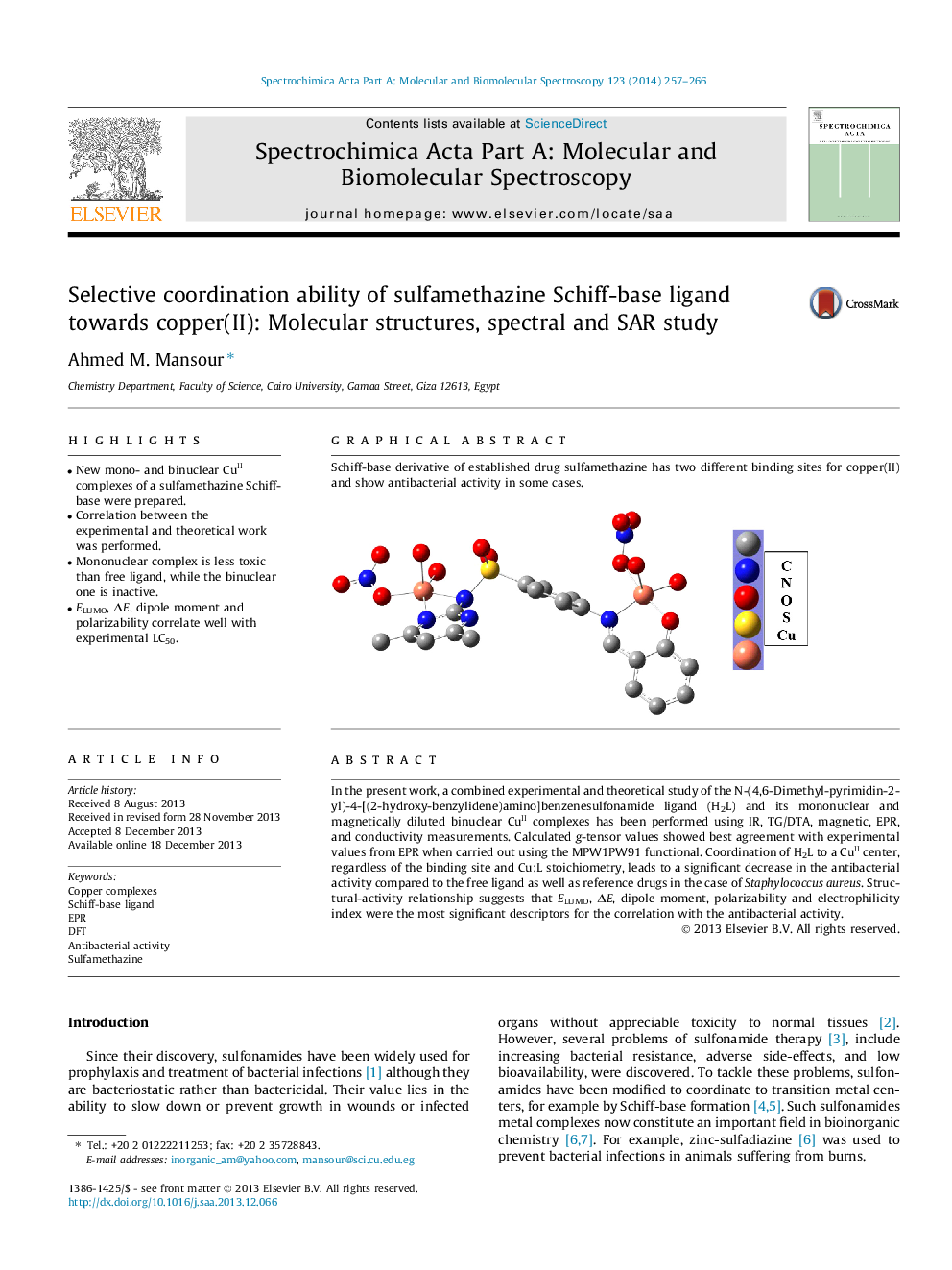 Selective coordination ability of sulfamethazine Schiff-base ligand towards copper(II): Molecular structures, spectral and SAR study