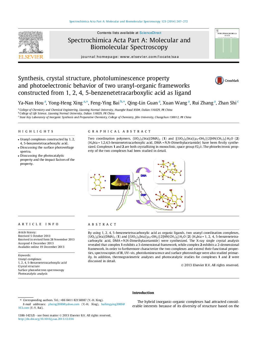 سنتز، ساختار بلوری، خواص فوتولومینسانس و رفتار فوتوالکتریک دو قاب اورانیل آلی ساخته شده از 1، 2، 4، 5-بنزن تتراکربوکیلیک اسید به عنوان لیگاند 