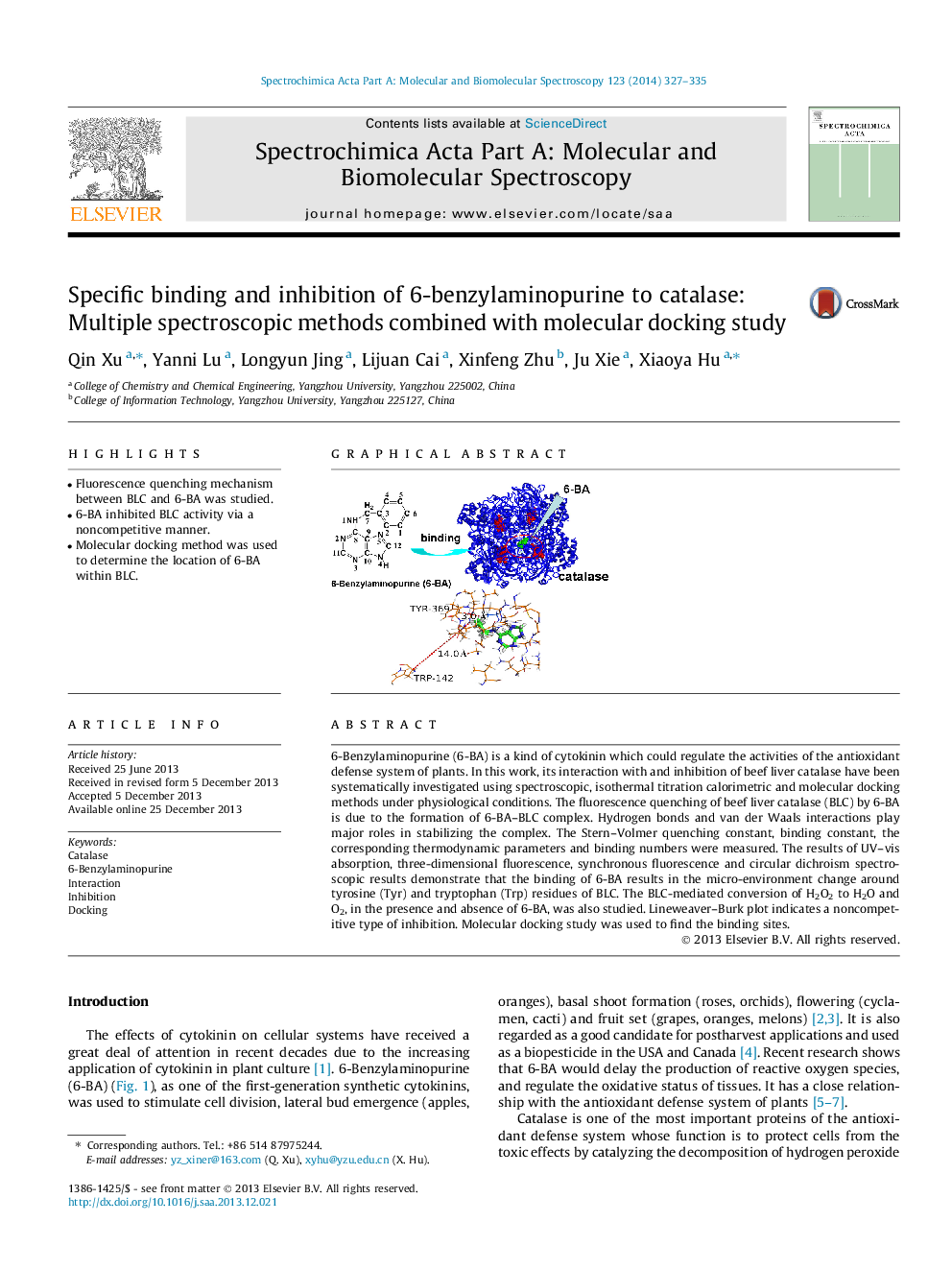 Specific binding and inhibition of 6-benzylaminopurine to catalase: Multiple spectroscopic methods combined with molecular docking study