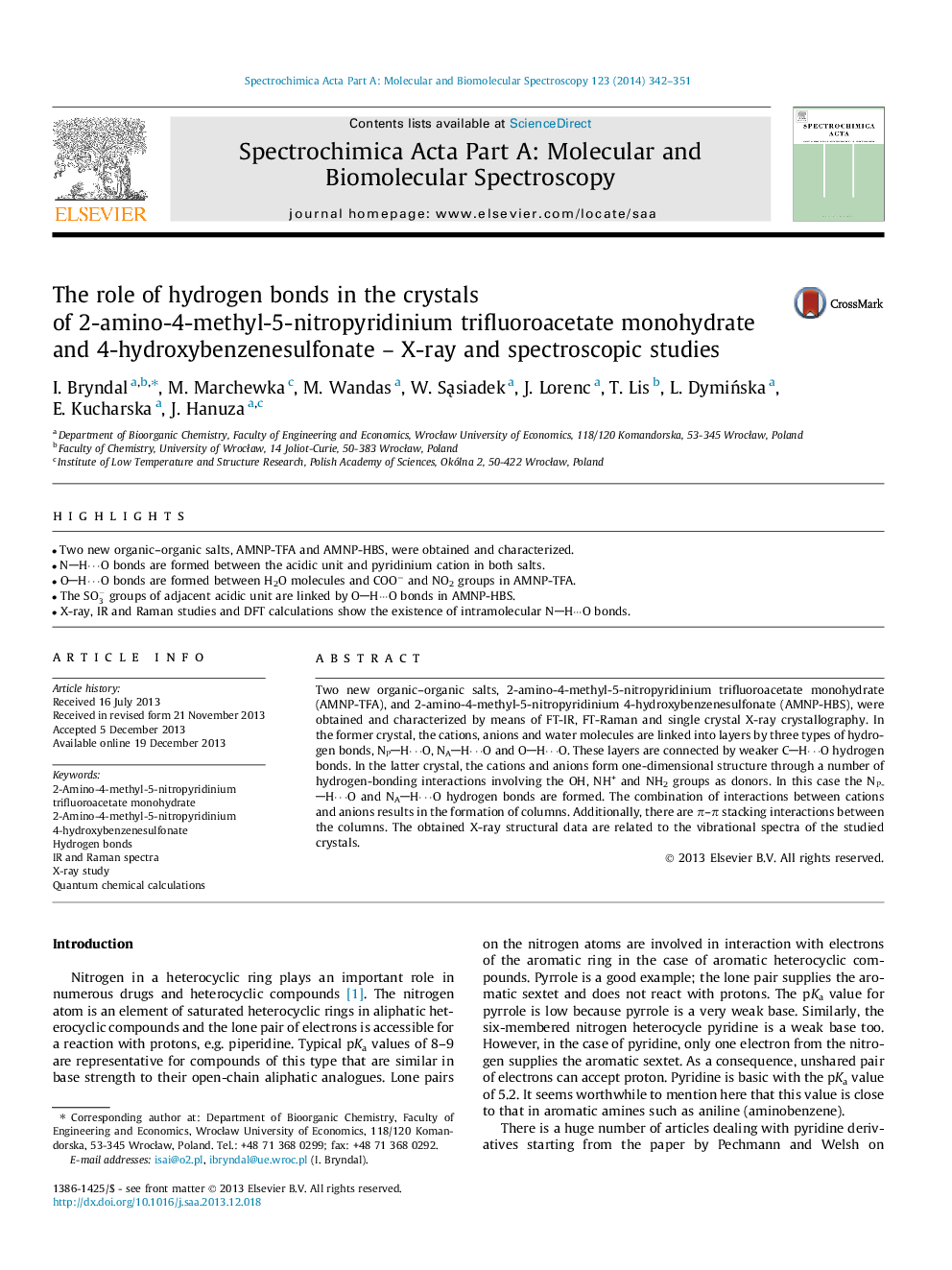 The role of hydrogen bonds in the crystals of 2-amino-4-methyl-5-nitropyridinium trifluoroacetate monohydrate and 4-hydroxybenzenesulfonate – X-ray and spectroscopic studies