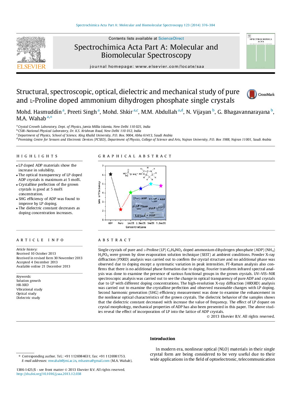 Structural, spectroscopic, optical, dielectric and mechanical study of pure and l-Proline doped ammonium dihydrogen phosphate single crystals