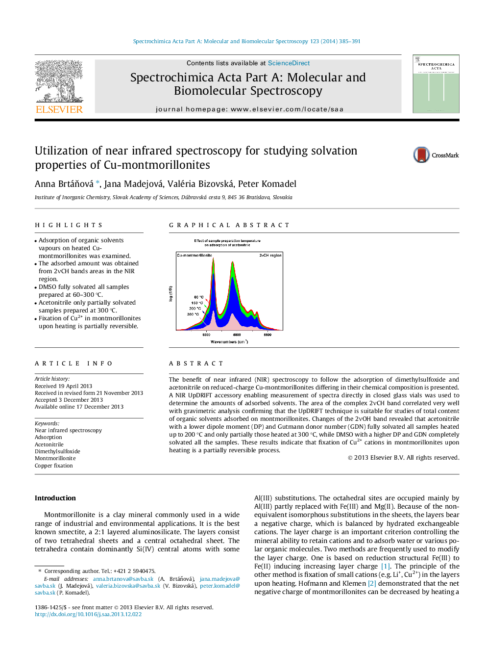 Utilization of near infrared spectroscopy for studying solvation properties of Cu-montmorillonites