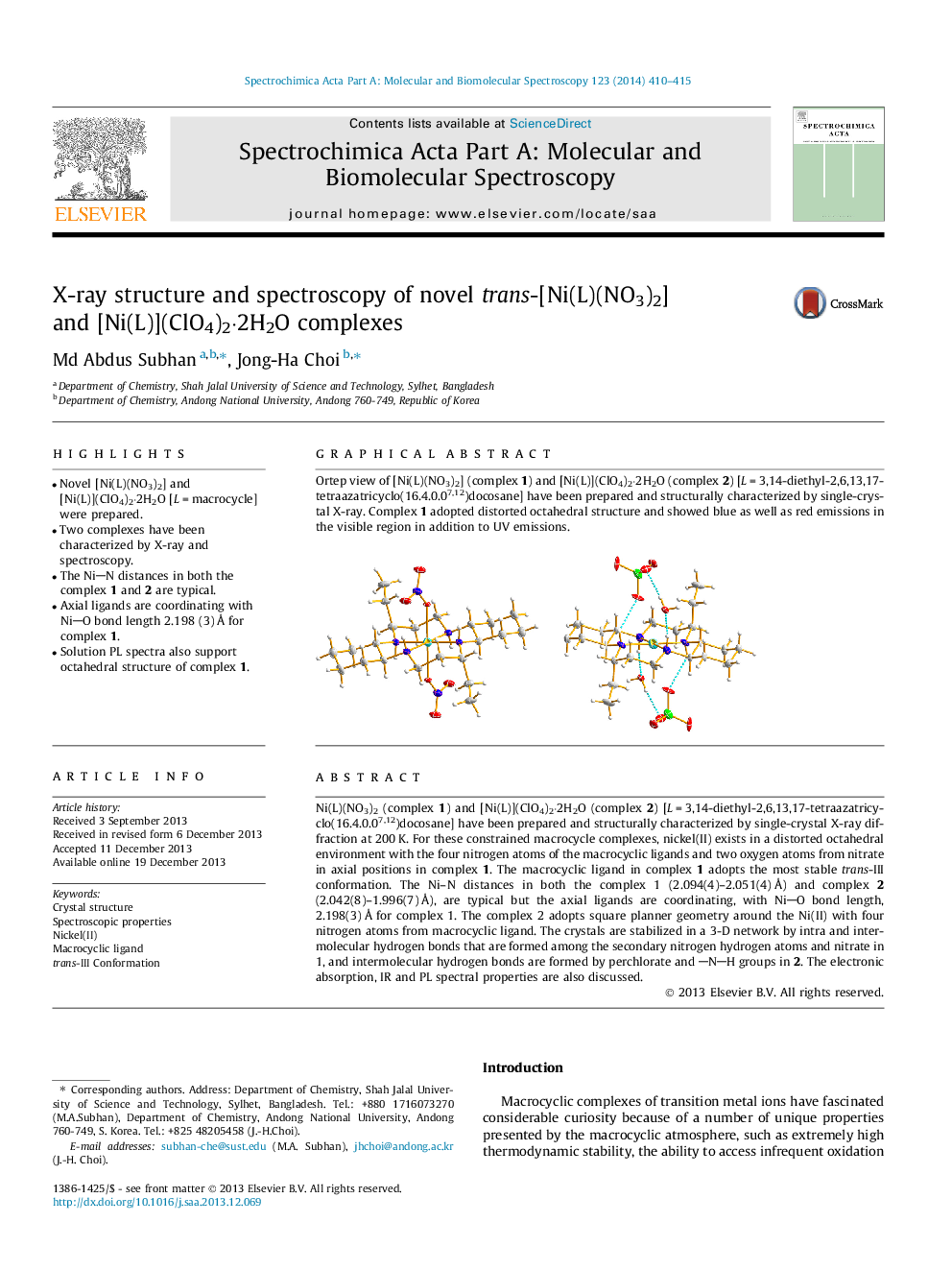 X-ray structure and spectroscopy of novel trans-[Ni(L)(NO3)2] and [Ni(L)](ClO4)2Â·2H2O complexes